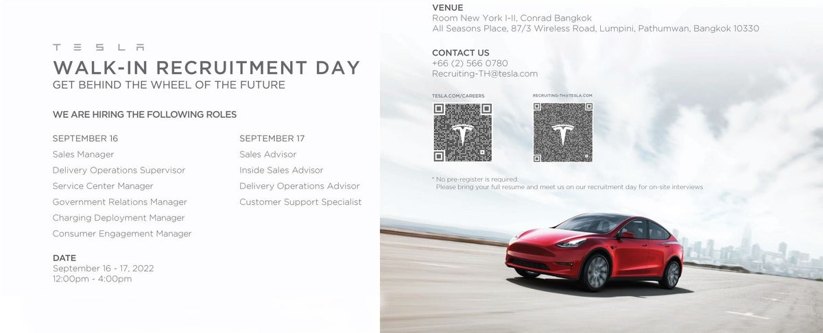 Tesla to Host Walk-In Recruitment Day in Thailand