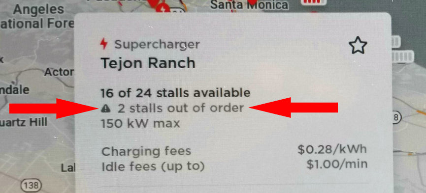 Tesla Map Shows Out of Order Supercharging Stalls with 2020.8.1 Update