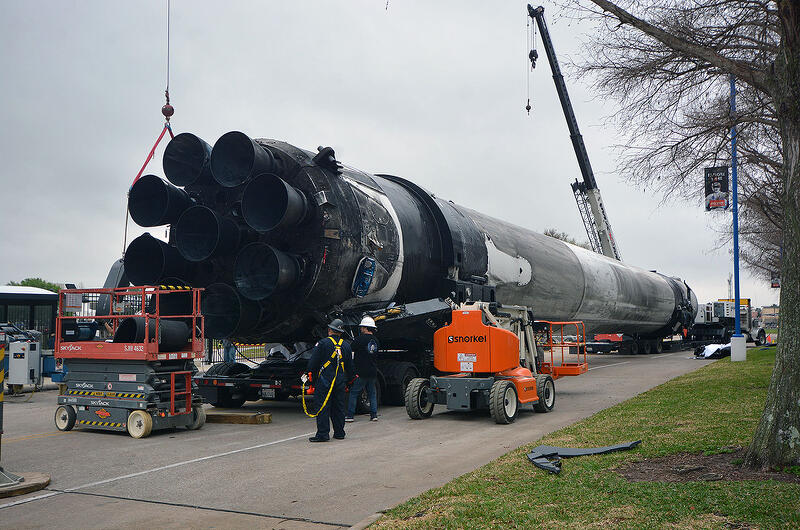 SpaceX Falcon 9 rocket booster arrived to NASA's Johnson Space Center in Texas where it will go on display