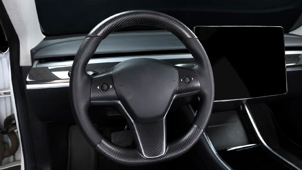 Tesla Model Y & Model 3 Steering Wheel Overlay Covers - Matte Carbon Fiber - 5