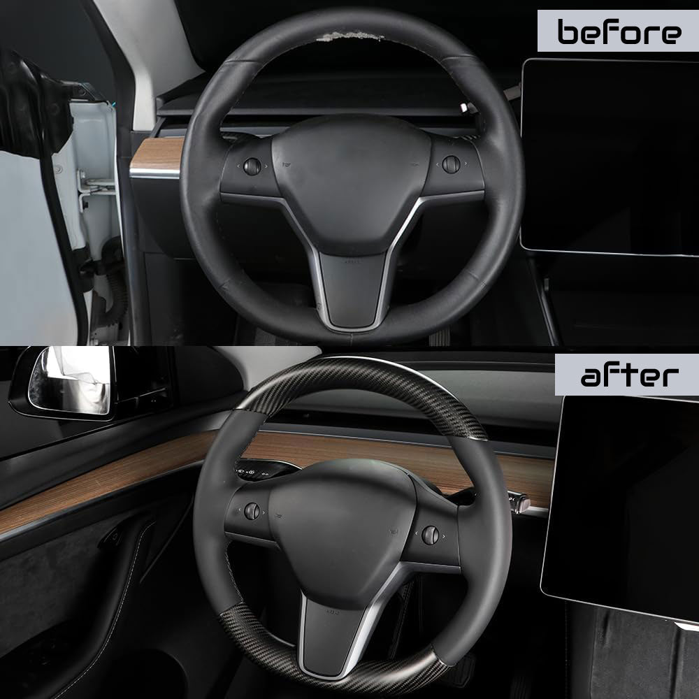 Tesla Model Y & Model 3 Steering Wheel Overlay Covers - Matte Carbon Fiber - 7